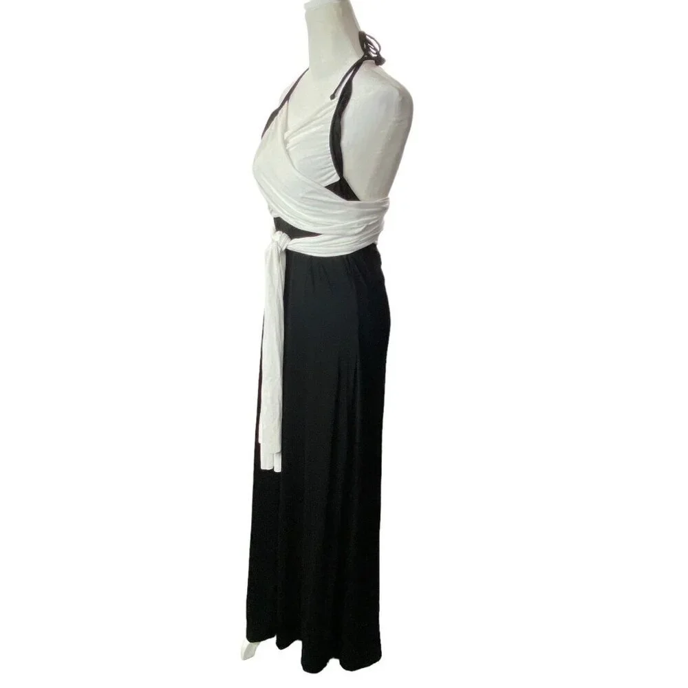 VENUS Women Maxi Dress Size L Black‎ White Halter Wrap Detail Unique 4-8